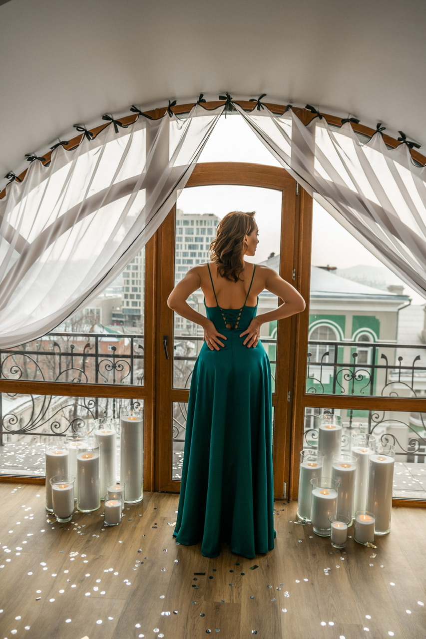 Изумрудное платье на тонких лямках