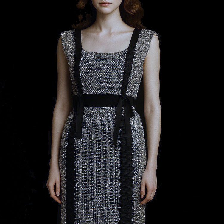 Женщина в платье Nevoda из кольчужного плетения с чёрными лентами, образ как броня и тишина.