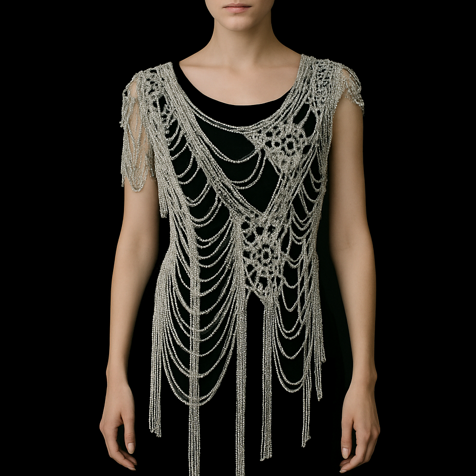 Женщина в топе Nevoda из серебристых цепей, плетение как сеть воспоминаний и потоков света.
