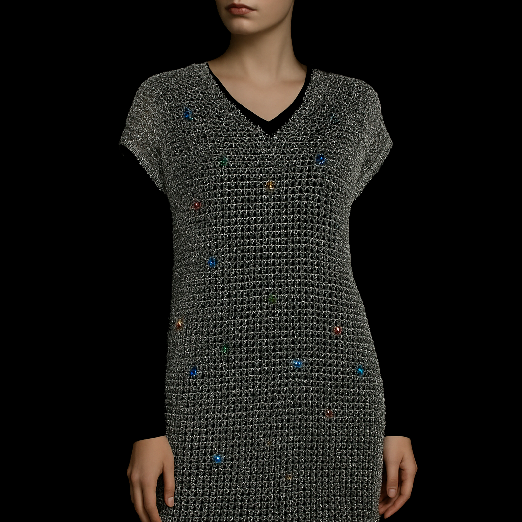 Платье Nevoda из кольчужного плетения с вкраплениями цветных кристаллов, как звёзды в ночной тишине.