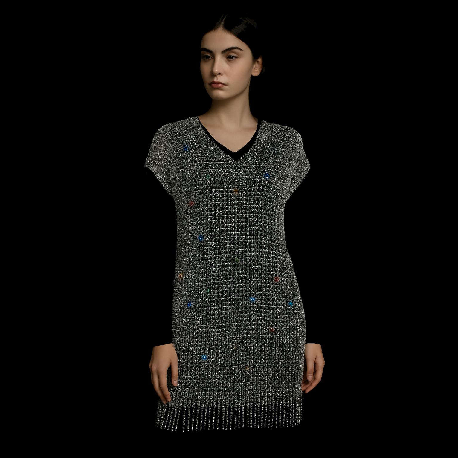 Платье Nevoda из кольчужного плетения с вкраплениями цветных кристаллов, как звёзды в ночной тишине.