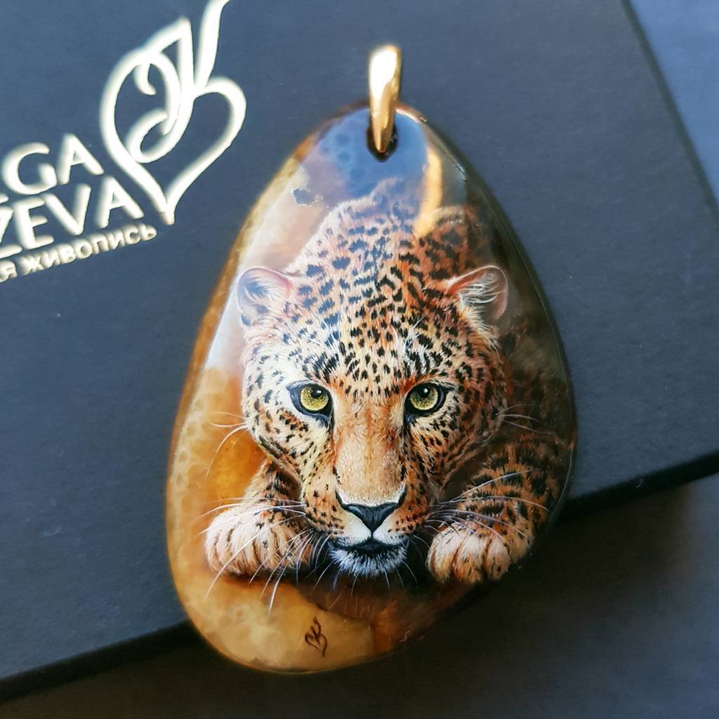 Леопард на симбирците -Художник Ольга Князева ювелирная живопись на камне - Фото 4