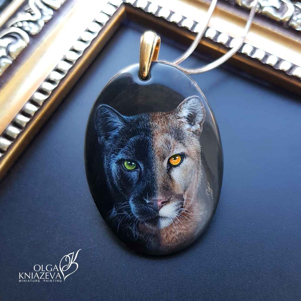 Кулон тотем Пантера & Пума, ювелирная живопись, художник Ольга Князева, фото 1