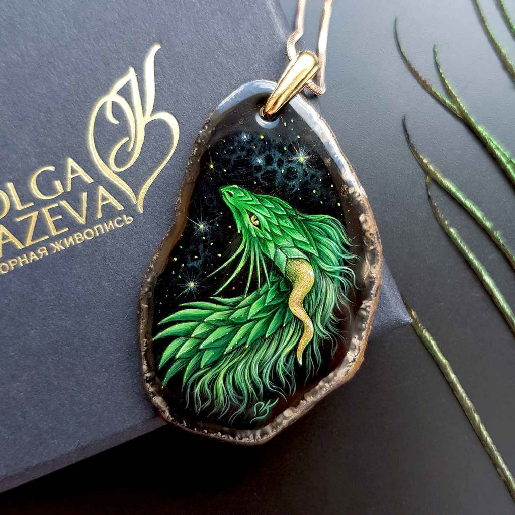 Кулон с драконом ювелирная живопись на камне, художник Ольга Князева, фото 1