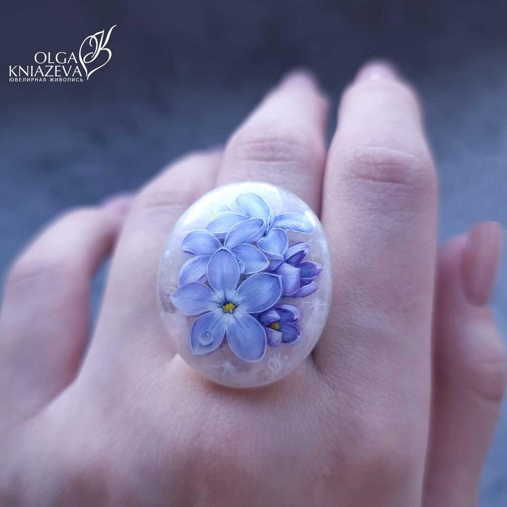 Кольцо с сиренью, ювелирная живопись Ольги Князевой