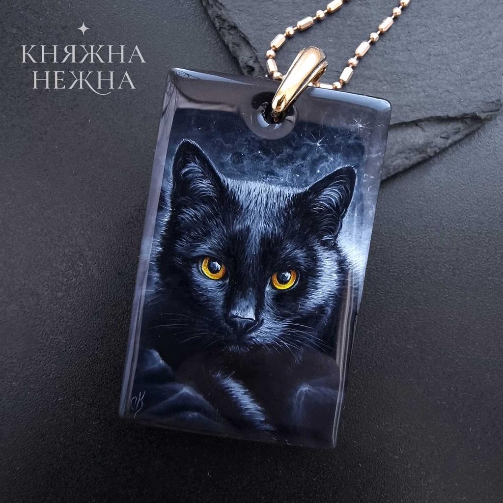 Чёрная кошка/кот на заказ - миниатюра на камне
