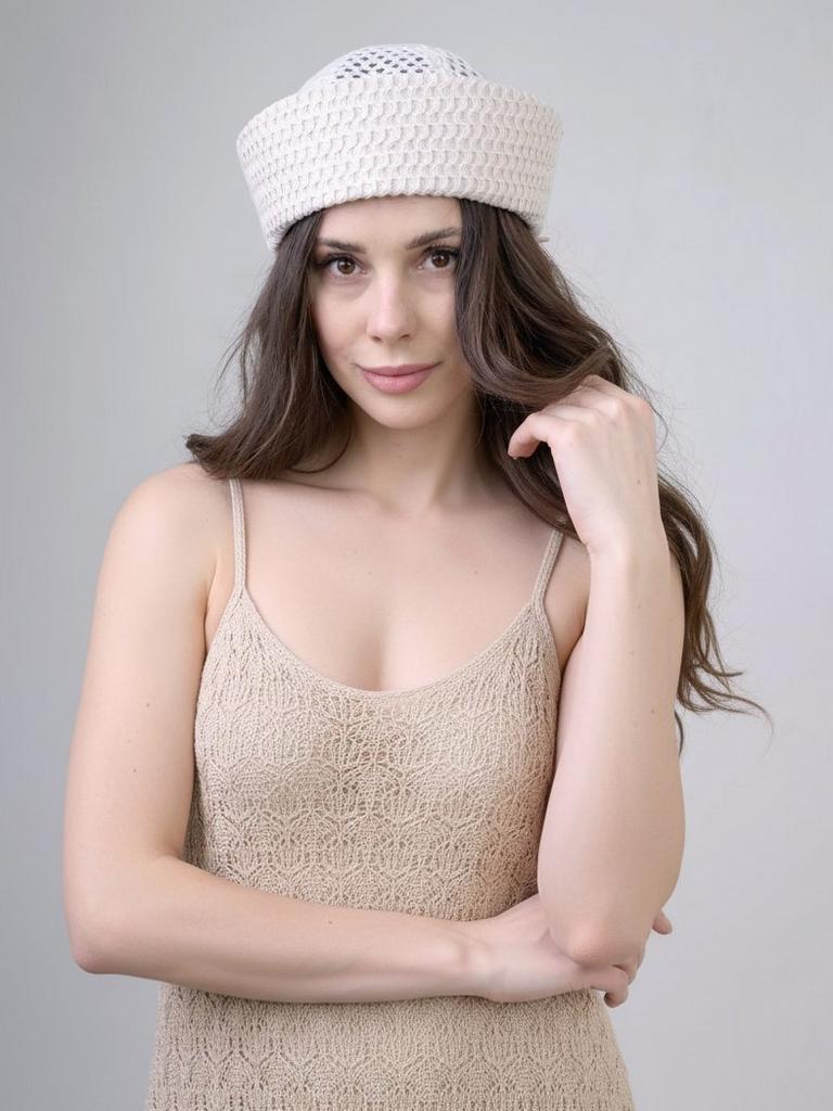 Шляпа Морячка Дорис вязаная сетка молочная