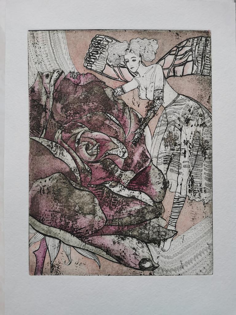 Графический лист "Роза" ,офорт, акварельная бумага ,офортная краска.