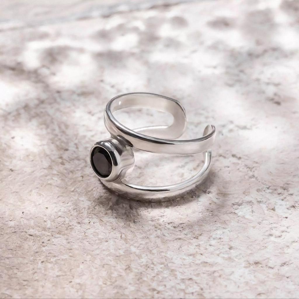 Кольцо на фалангу двойное с круглым чёрным цирконом (Ag 925)