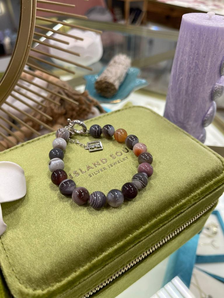 Браслет с крупными бусинами агата Ботсвана и цирконом (Ag 925)