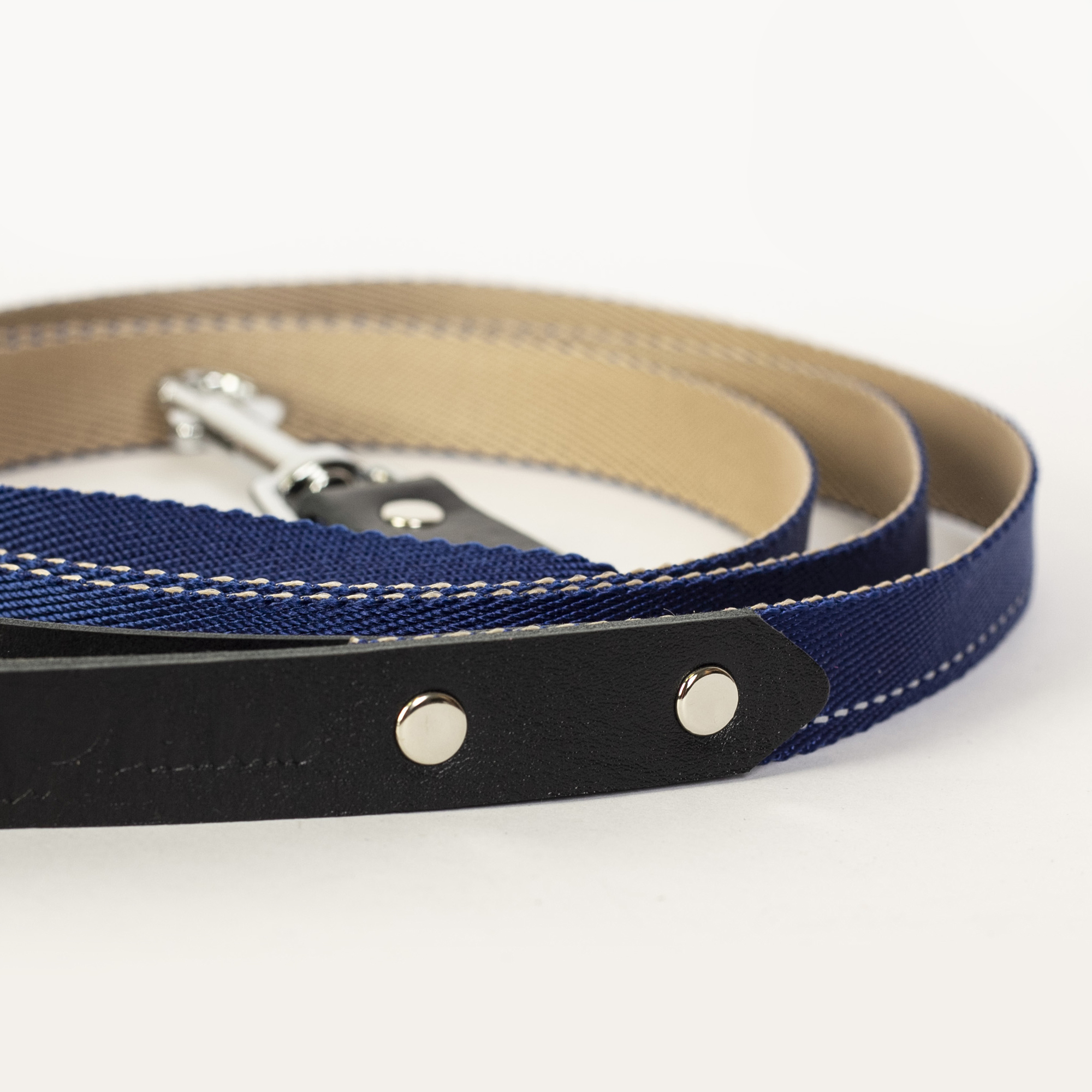 Sapphire and beige strap leash with a leather handle