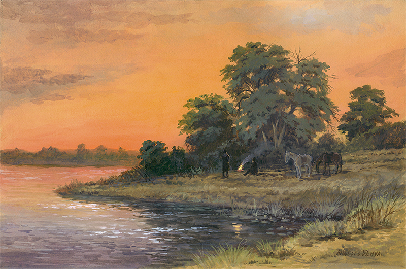 Художественный принт с акварели Альберта Бенуа "Привал путников у костра"