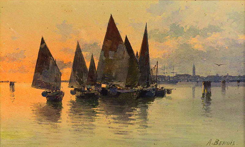 Художественный принт с акварели Альберта Бенуа "Венеция. Лодки на закате"