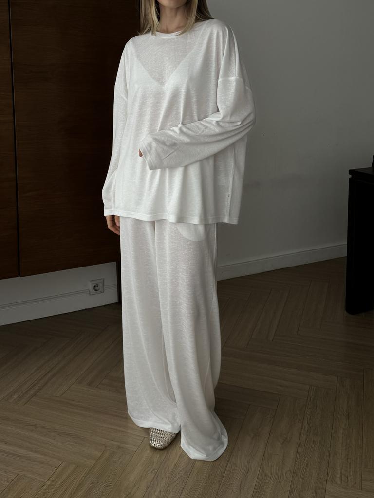 Костюм  Лонг и Брюки Over White из тонкого фактурного трикотажа