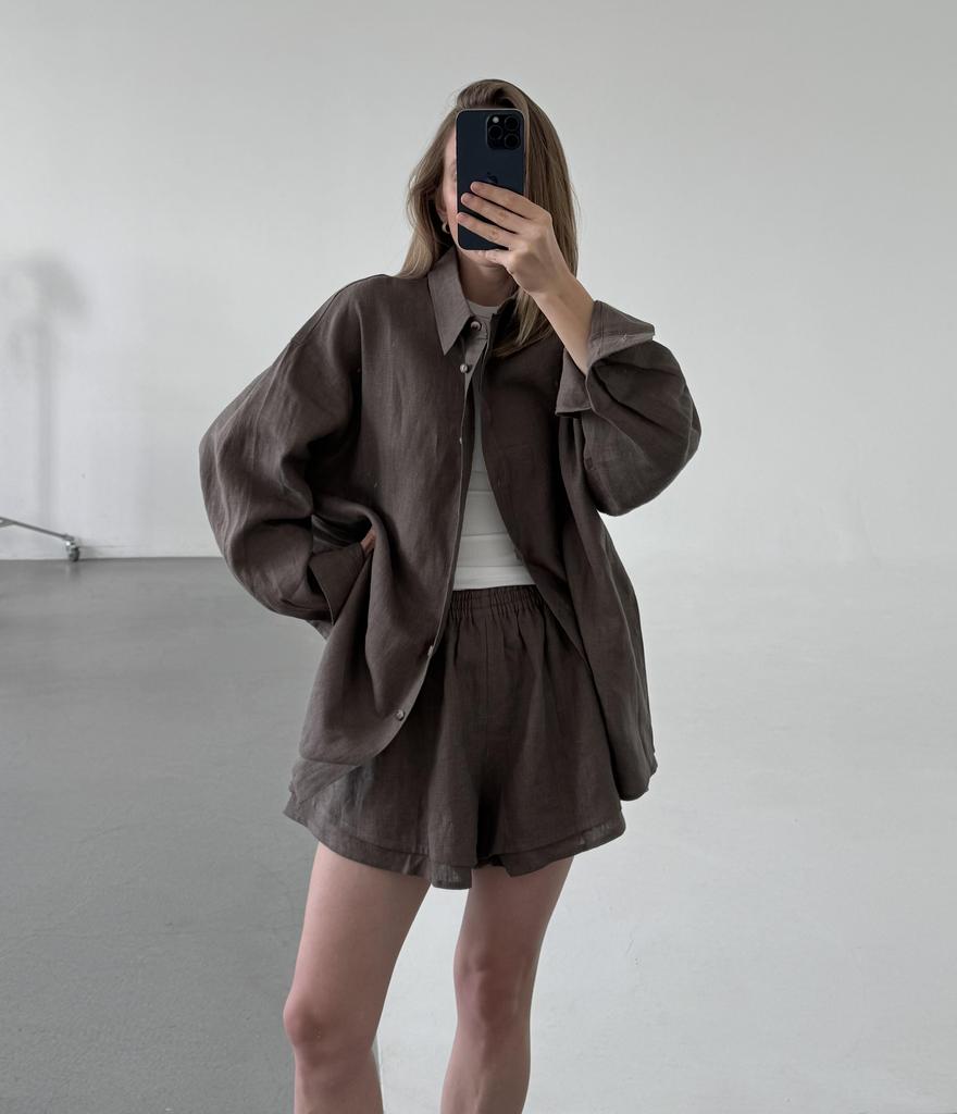 Рубашка оверсайз из умягченного льна, древесный дым