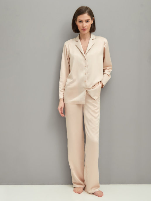 Пижама с брюками шелковая (светло-бежевый)