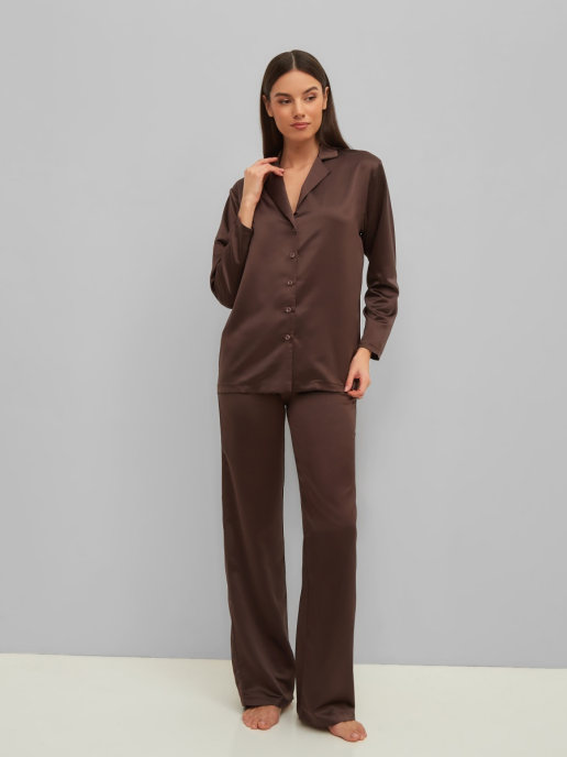 Пижама с брюками шелковая (шоколадный)