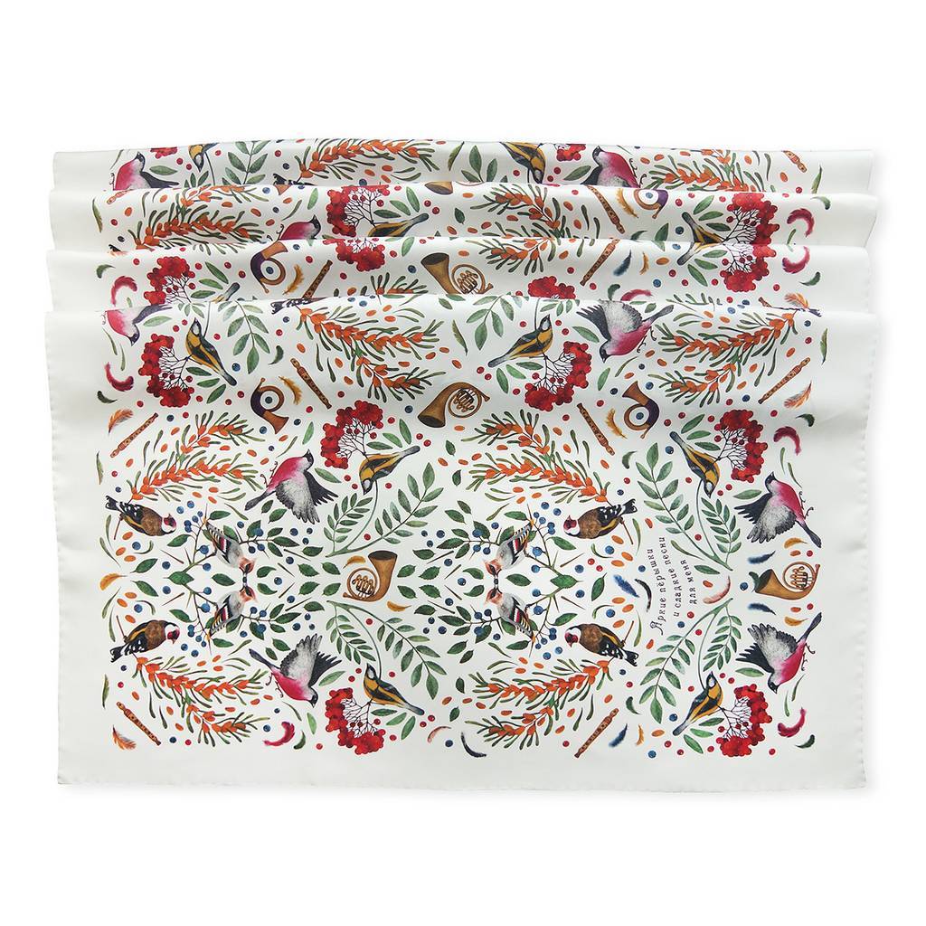 Bright feathers and sweet songs for me. Silk stole, 65x180 cm