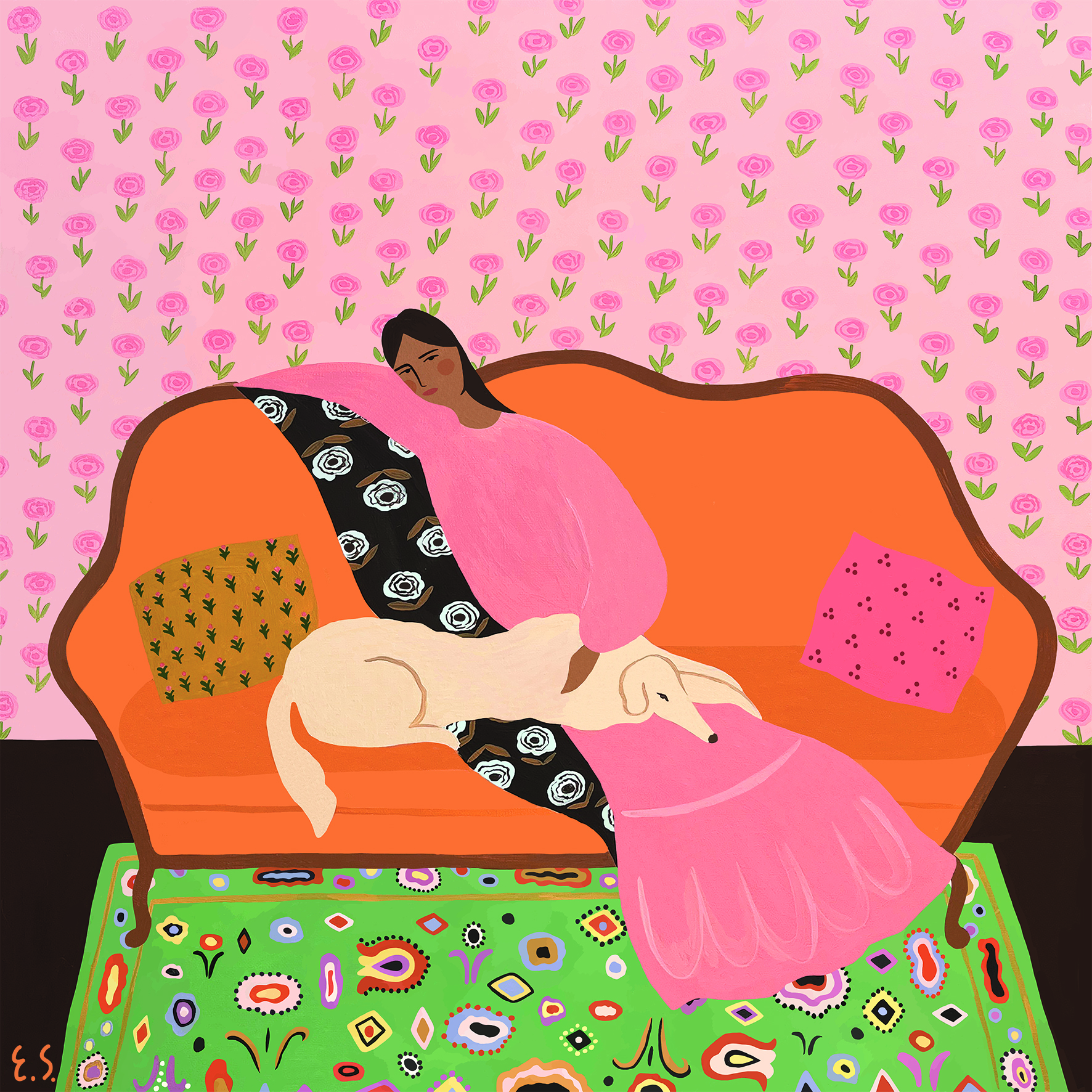 РЕПРОДУКЦИЯ "ДЕВУШКА НА СОФЕ С БОРЗОЙ" 60х60