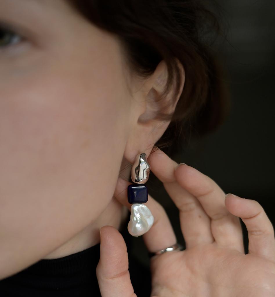 Baroque Pearls & Lapis Lazuli Earrings in silver