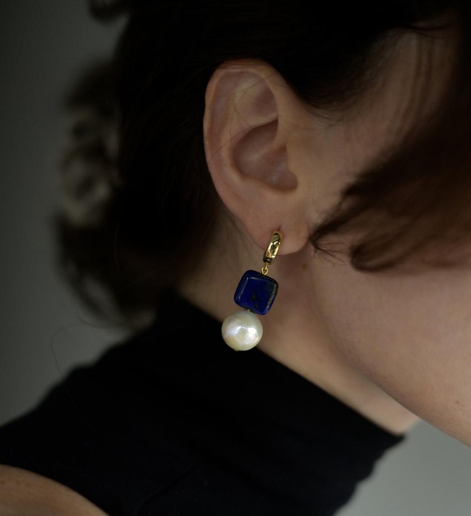 Large Pearls & Lapis Lazuli Earrings in gold