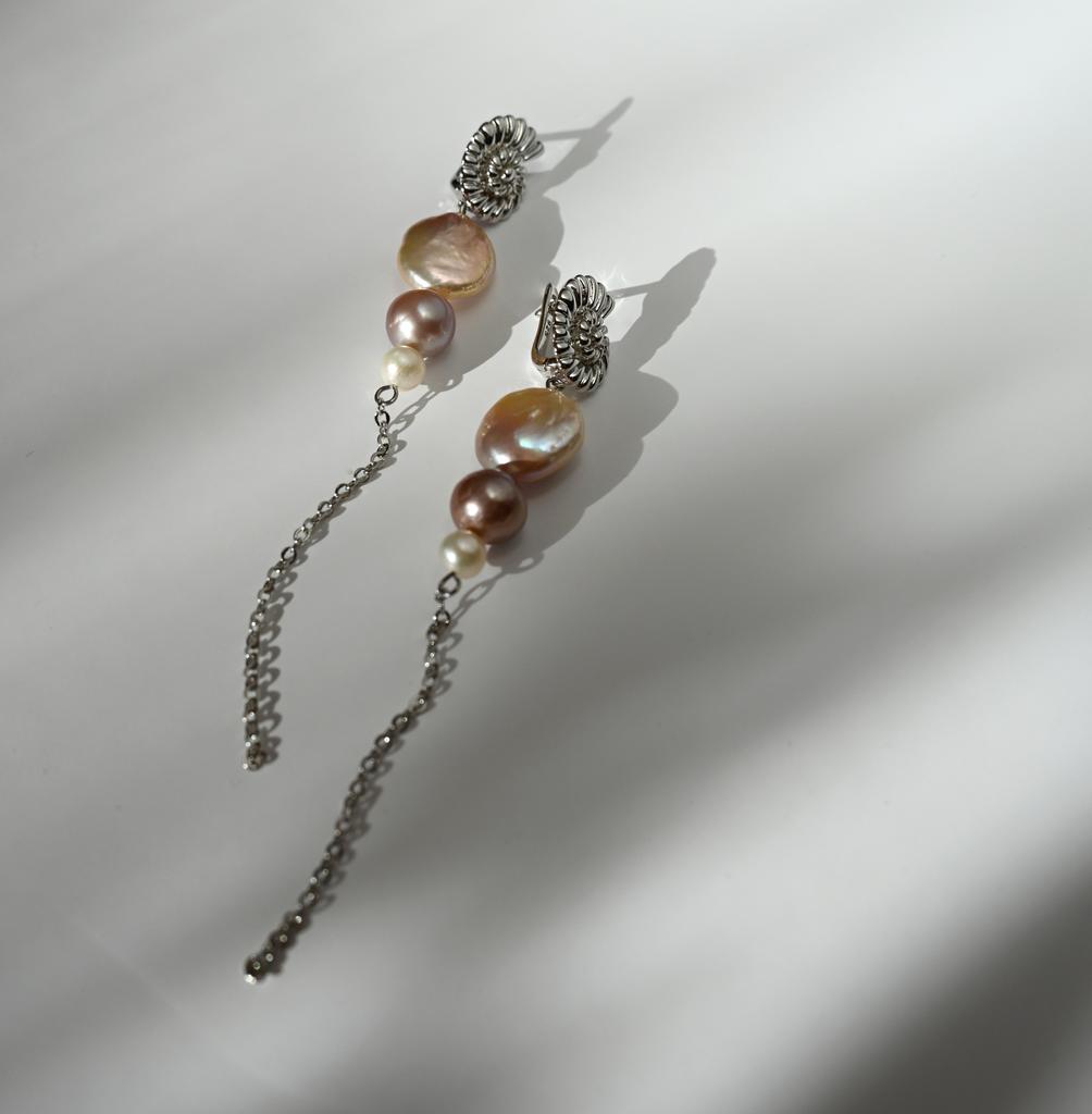 Ammonite earrings with Baroque pearls in silver
