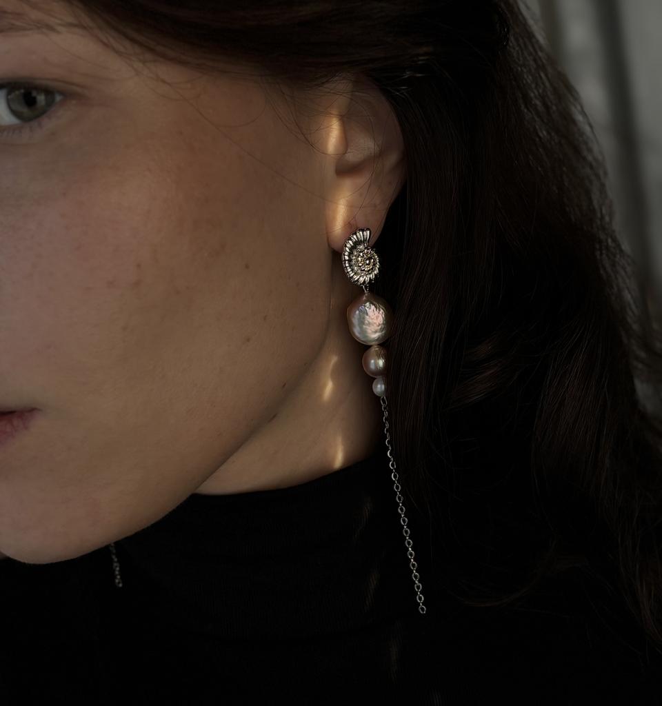 Ammonite earrings with Baroque pearls in silver