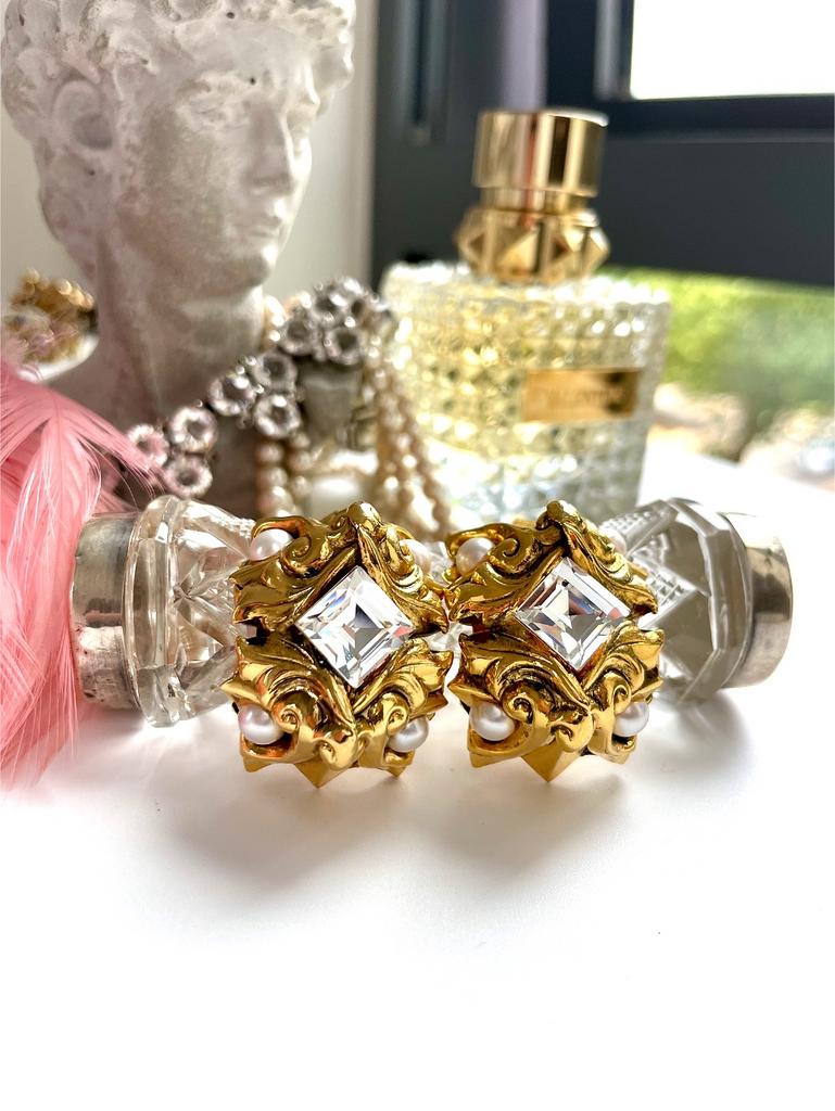Французские клипсы с кристаллами и жемчугом
