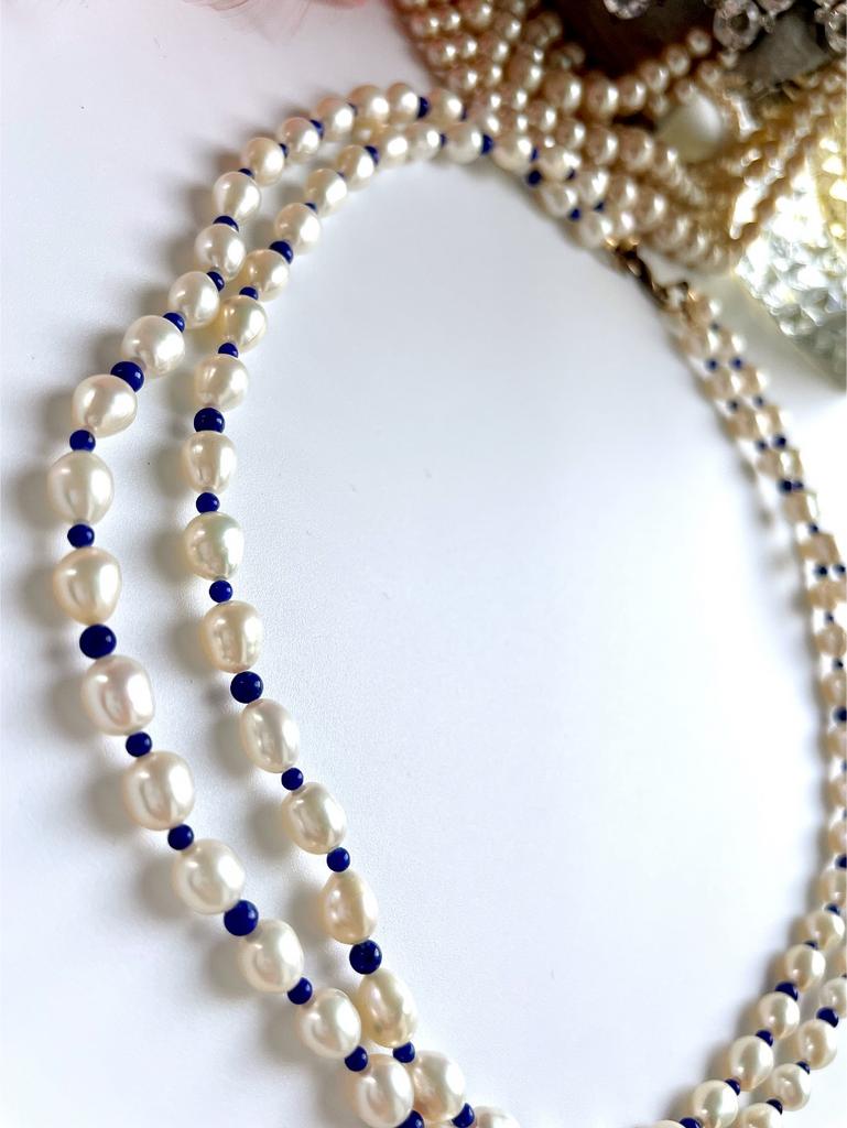 Двойное колье с речным жемчугом и лазуритом