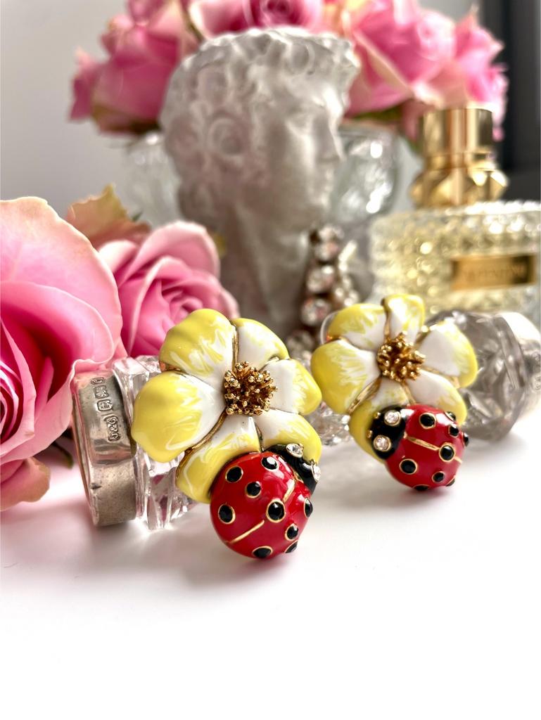 Серьги желтые цветы с красными божьими коровками