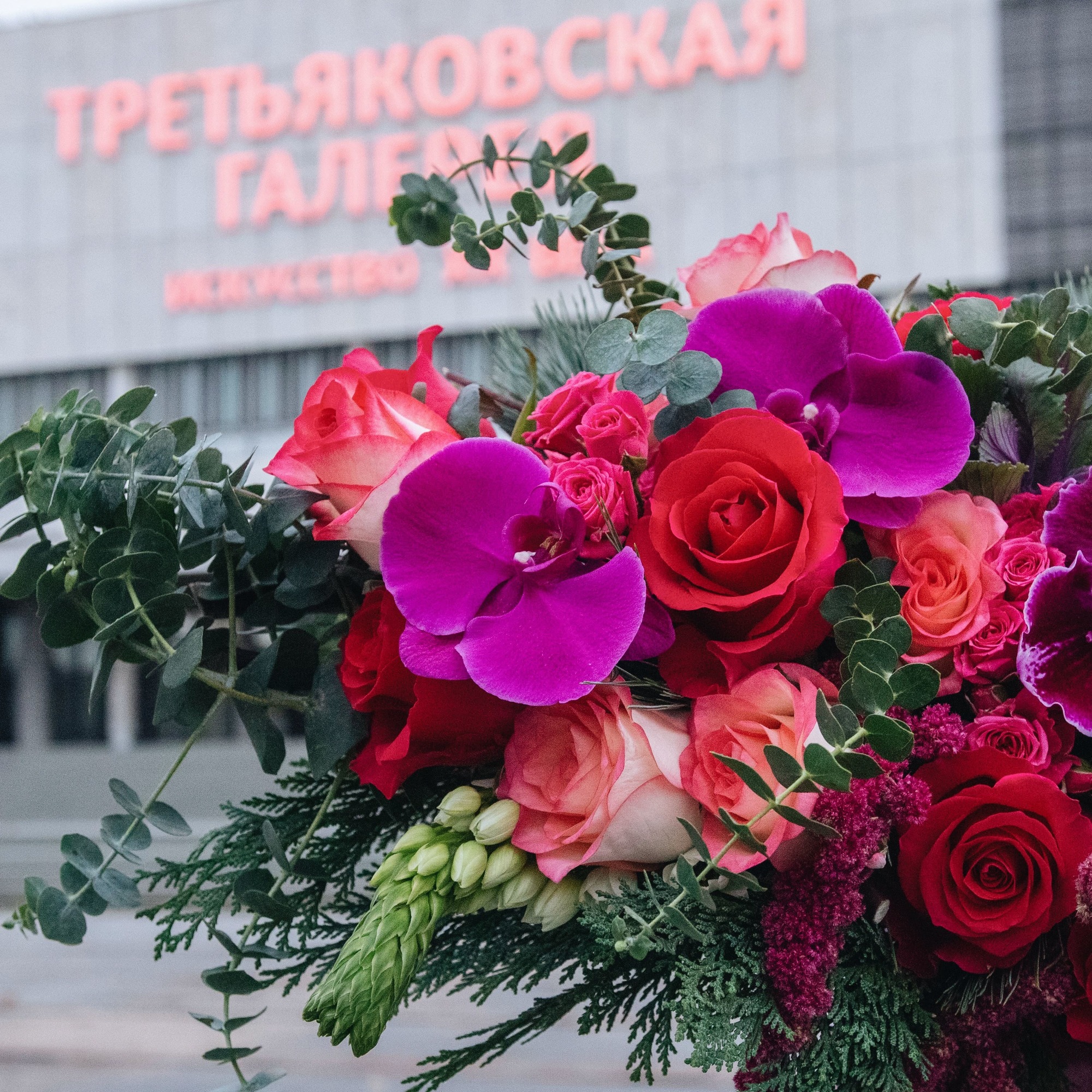 Авторский букет с розой, орхидеей и хвойной зеленью 0299