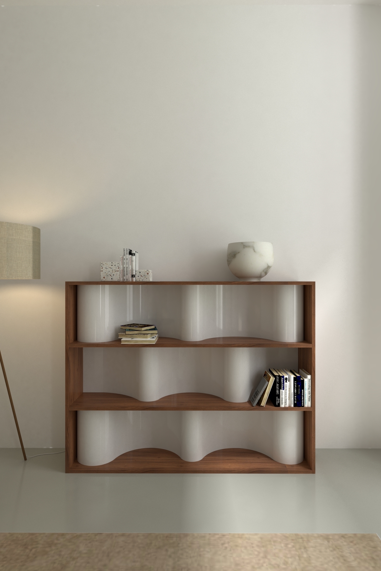 Дизайнерский стеллаж Рябь из металла и дерева с волнистыми формами на заказ