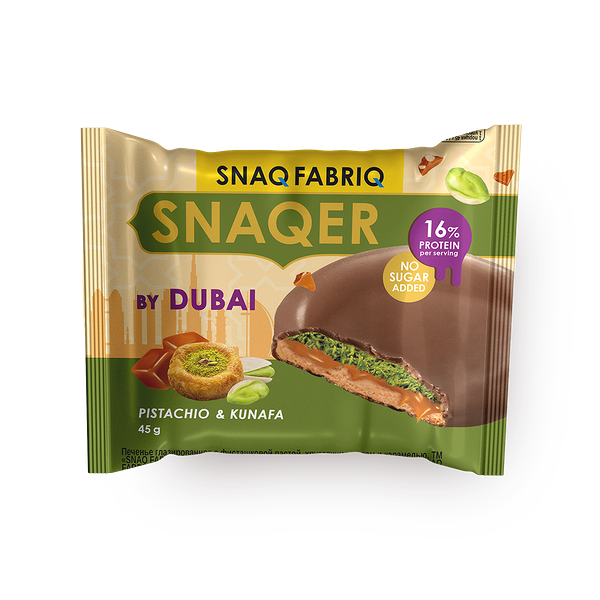 Протеиновое печенье Snaq Fabriq Snaqer, 45 г, Фисташковая паста, катаифи и карамель (Дубайский шоколад)