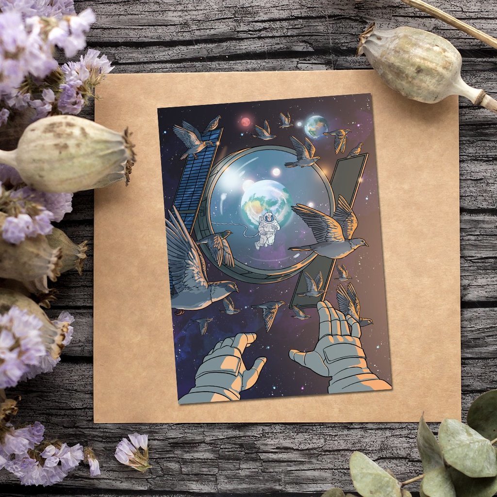 #46 — Почтовая открытка «Телескоп и голуби»