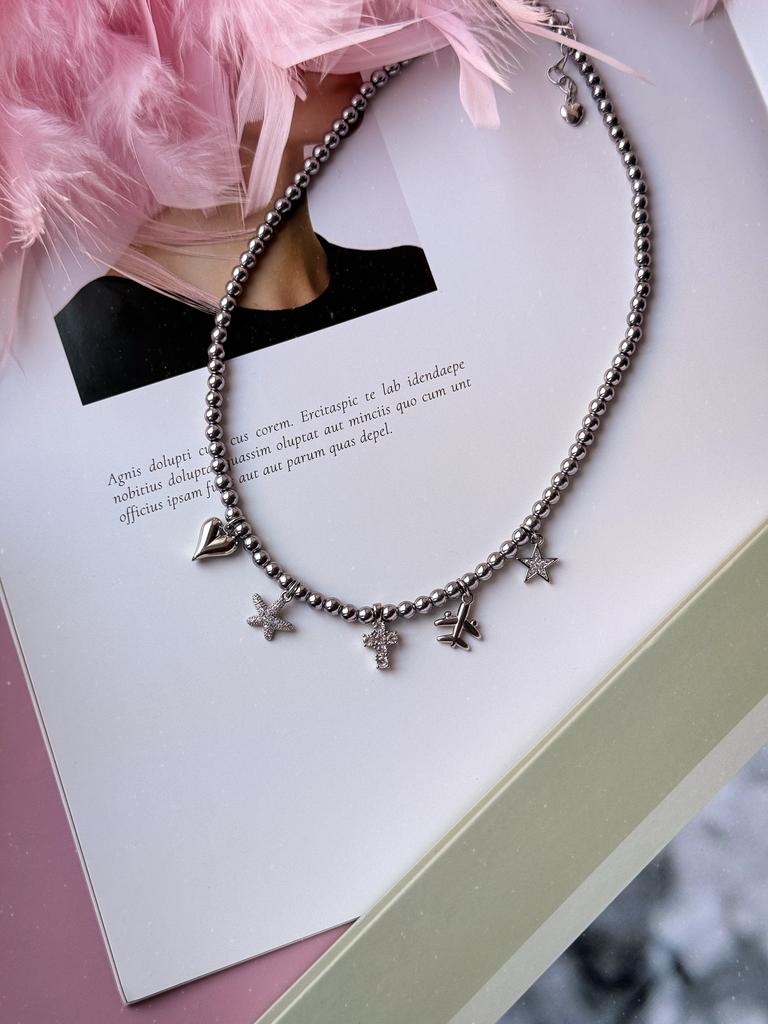 Чокер из гематита с подвесками (родий)