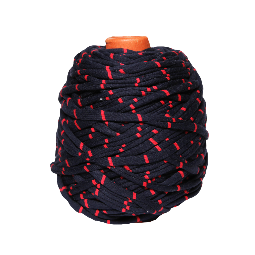 Трикотажная пряжа вторичного производства, 500 гр., цвет "Тёмно-синий в красную полоску"