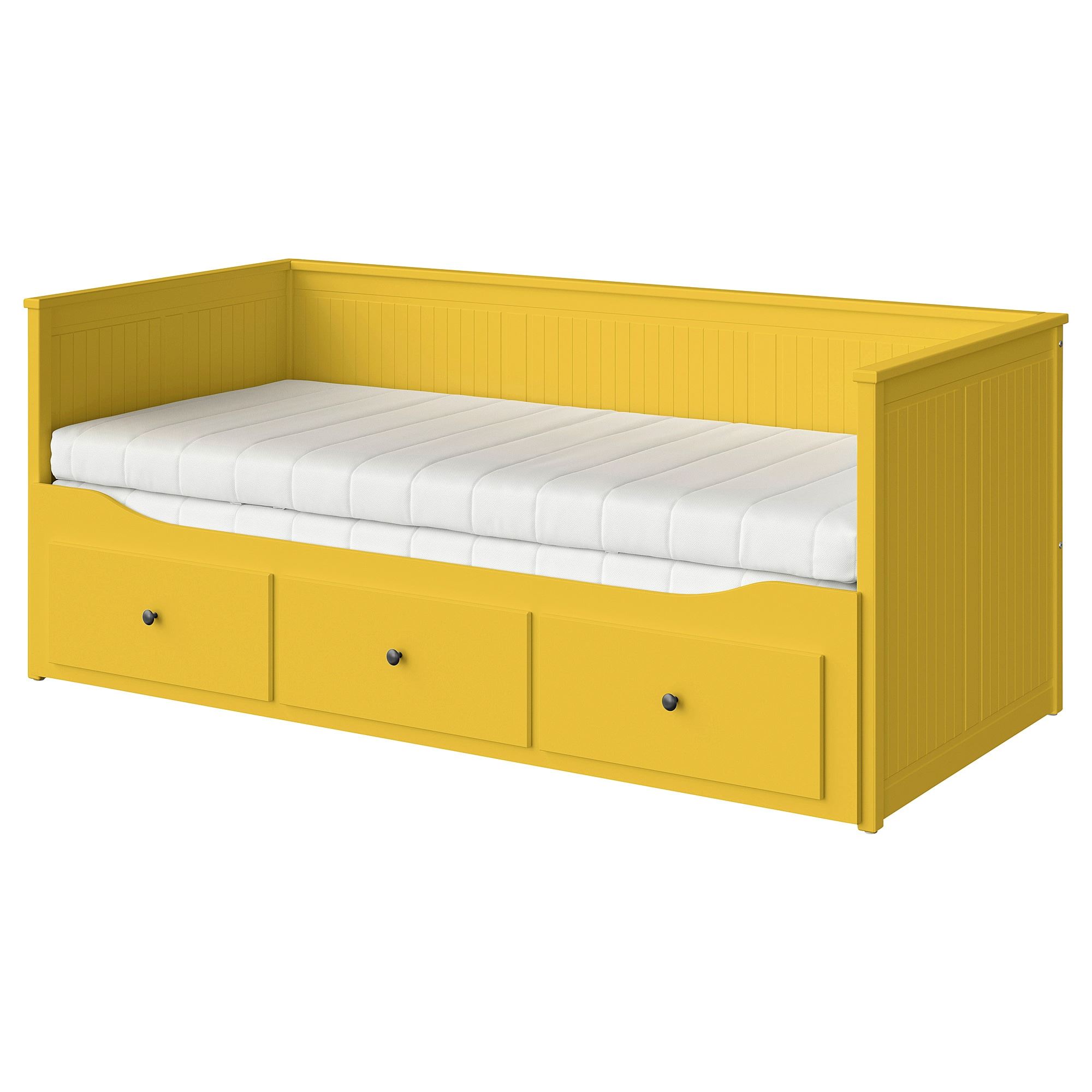 HEMNES/AFJALL IKEA Каркас кровати-кушетки с 3 ящиками/c 2 матрасами, жёлтый 80x200 см