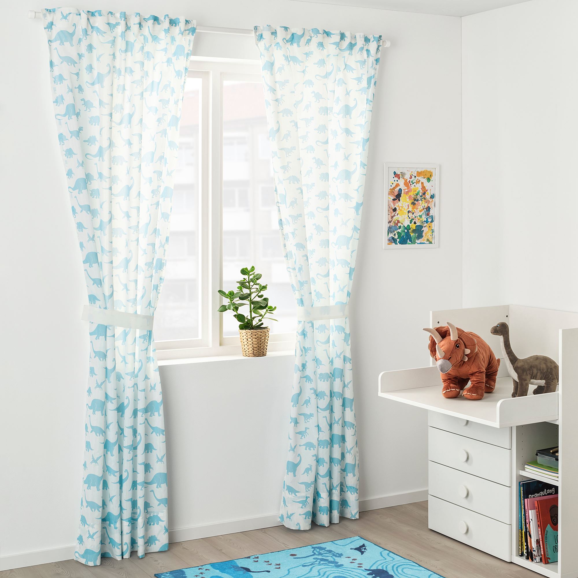 JATTELIK IKEA ЙЭТТЕЛИК Гардины с прихватом, 2 шт., динозавр белый/синий 120x300 см  (ТОВАР ВЫШЕЛ ИЗ АССОРТИМЕНТА)
