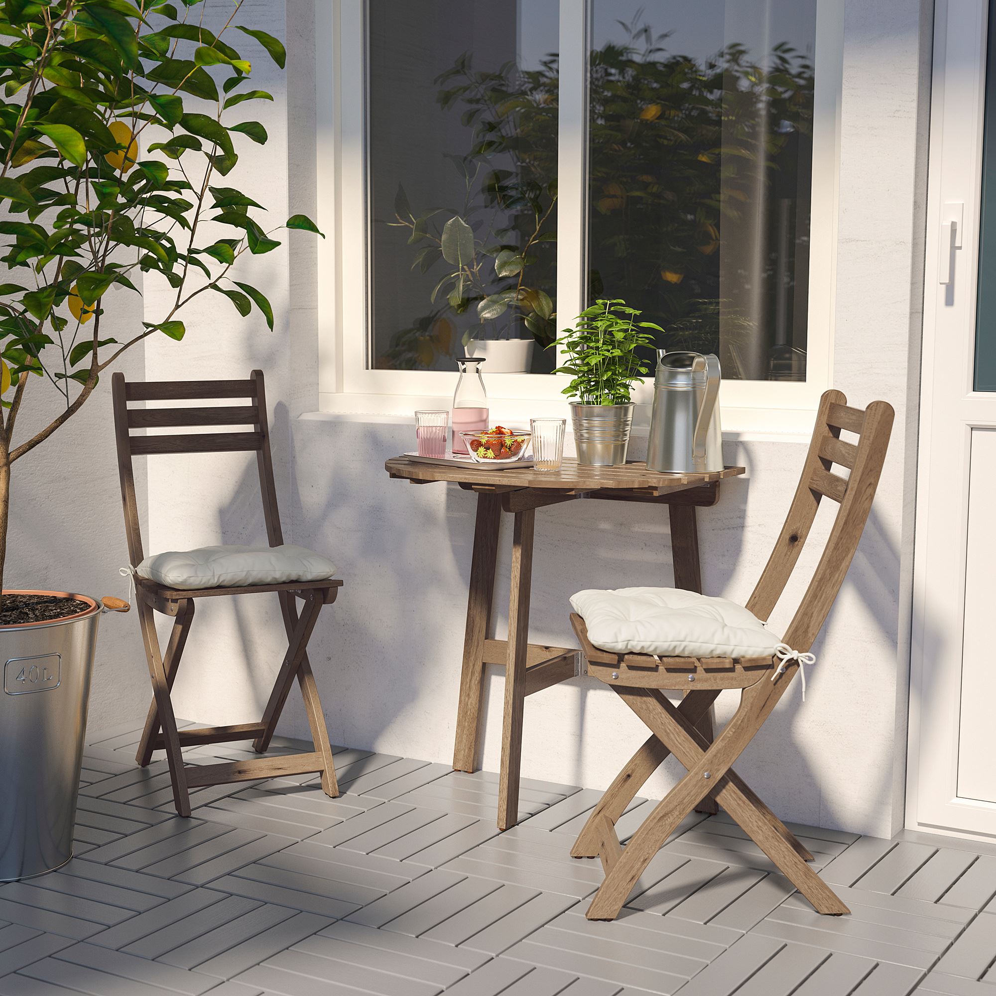 ASKHOLMEN IKEA АСКХОЛЬМЕН Стол+2 складных стула, д/сада, светло-коричневая морилка