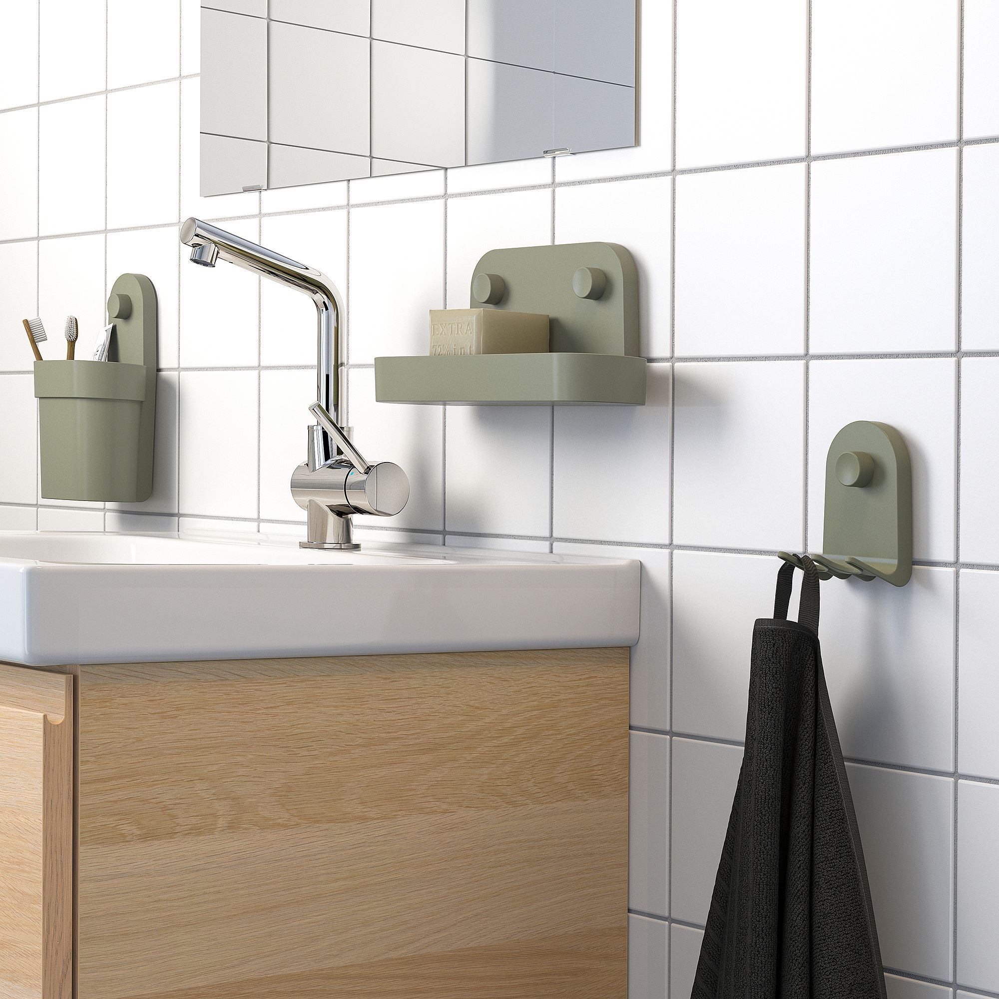 OBONAS IKEA Тройной крючок на присоске, 7x11 см, серо-зеленый