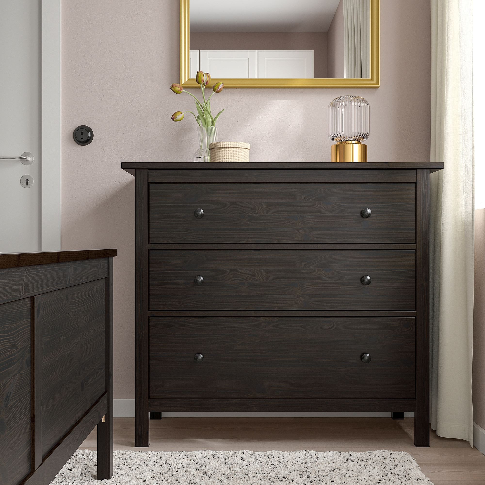 HEMNES IKEA Комод с 3 ящиками, 108x96 см, черно-коричневый