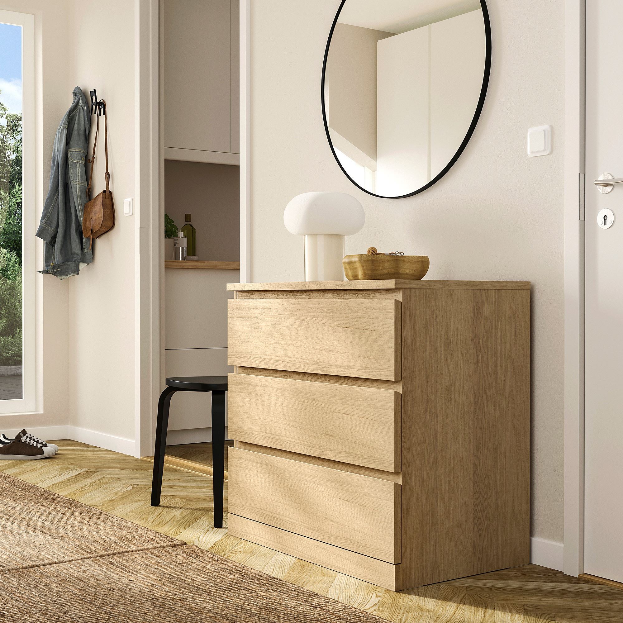 MALM IKEA Комод с 3 ящиками, 80x78 см, дубовый шпон, беленый