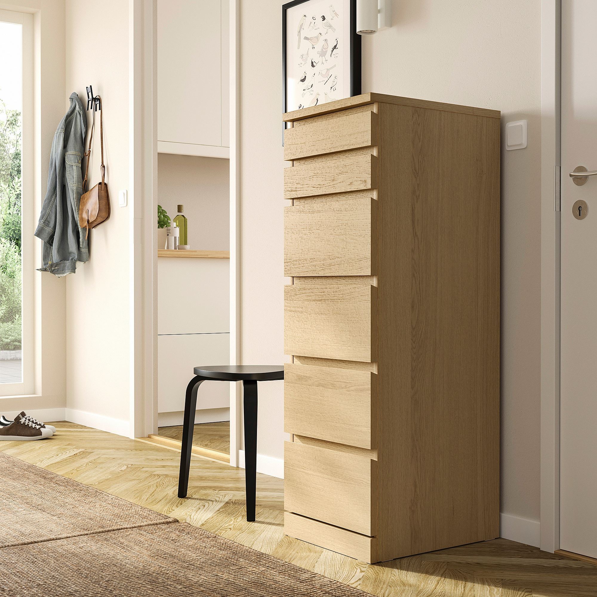 MALM IKEA Комод с 6 ящиками, 40x123 см, дубовый шпон, беленый/зеркальное стекло