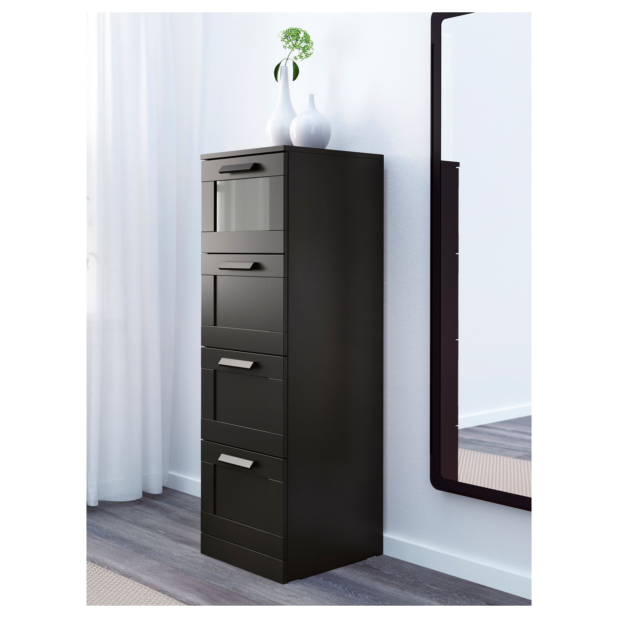 BRIMNES IKEA Комод с 4 ящиками, 39x124 см, чёрный/матовое стекло  (ТОВАР ВЫШЕЛ ИЗ АССОРТИМЕНТА)