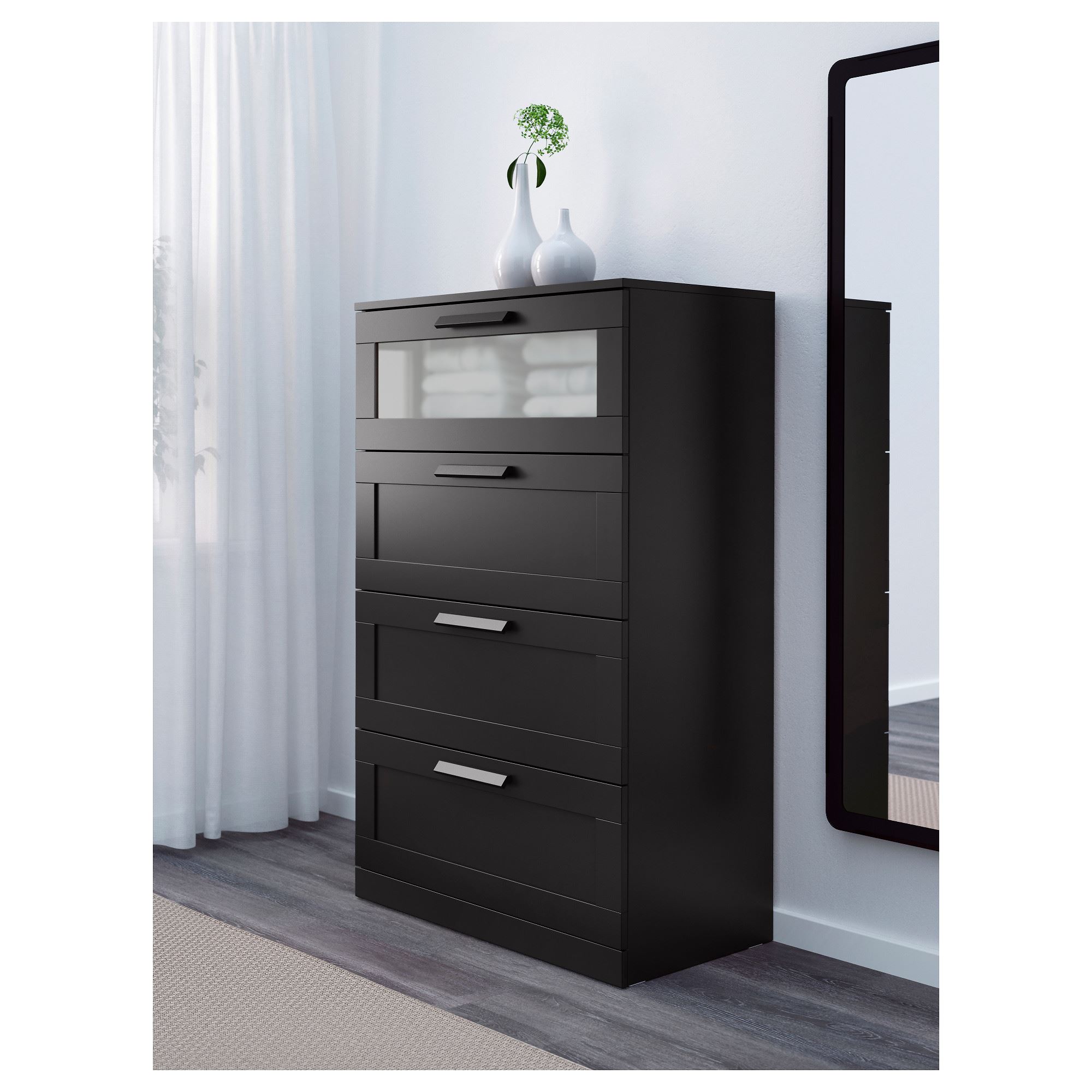 BRIMNES IKEA Комод с 4 ящиками, 78x124 см, чёрный/матовое стекло