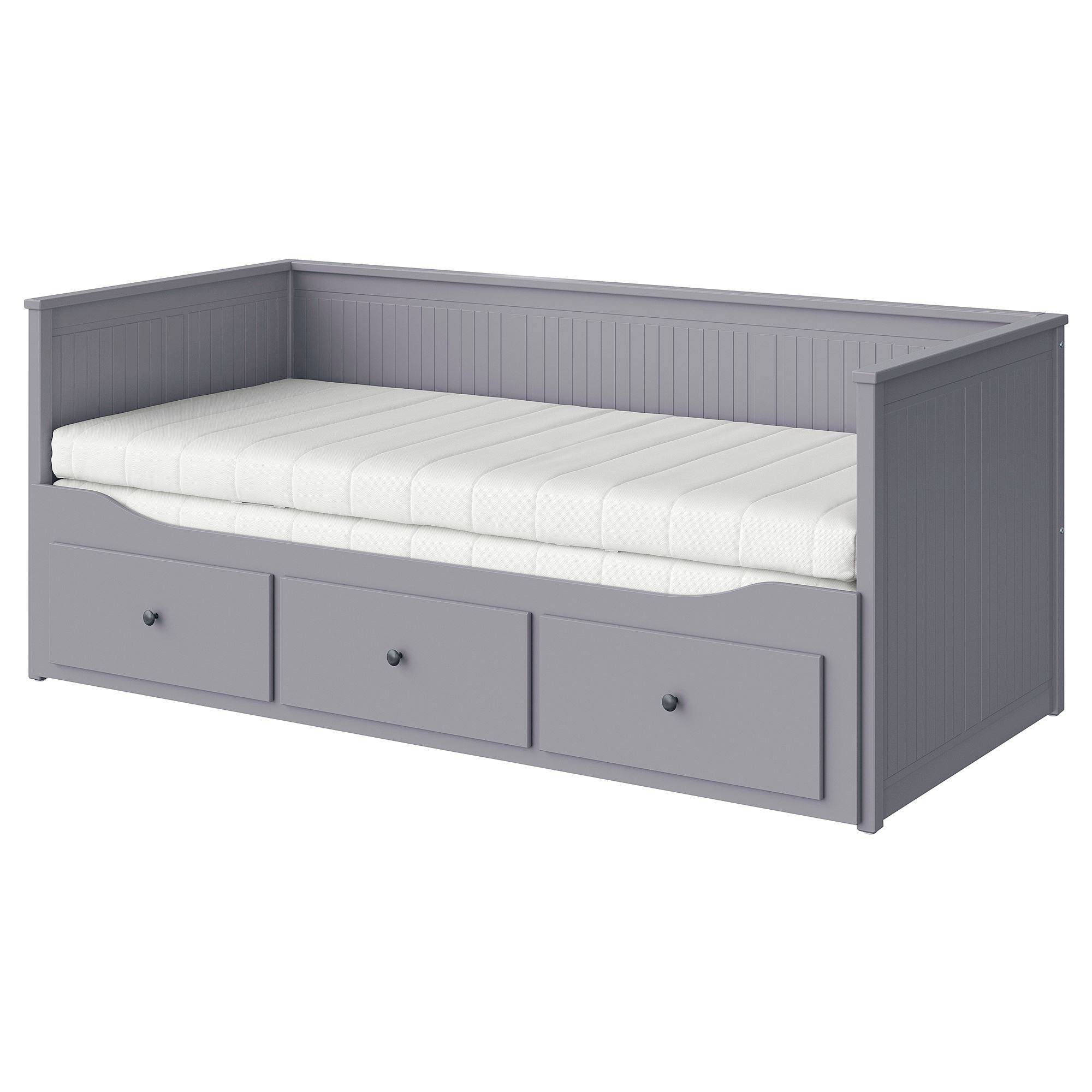 HEMNES/AFJALL IKEA Каркас кровати-кушетки с 3 ящиками/c 2 матрасами, серый 80x200 см