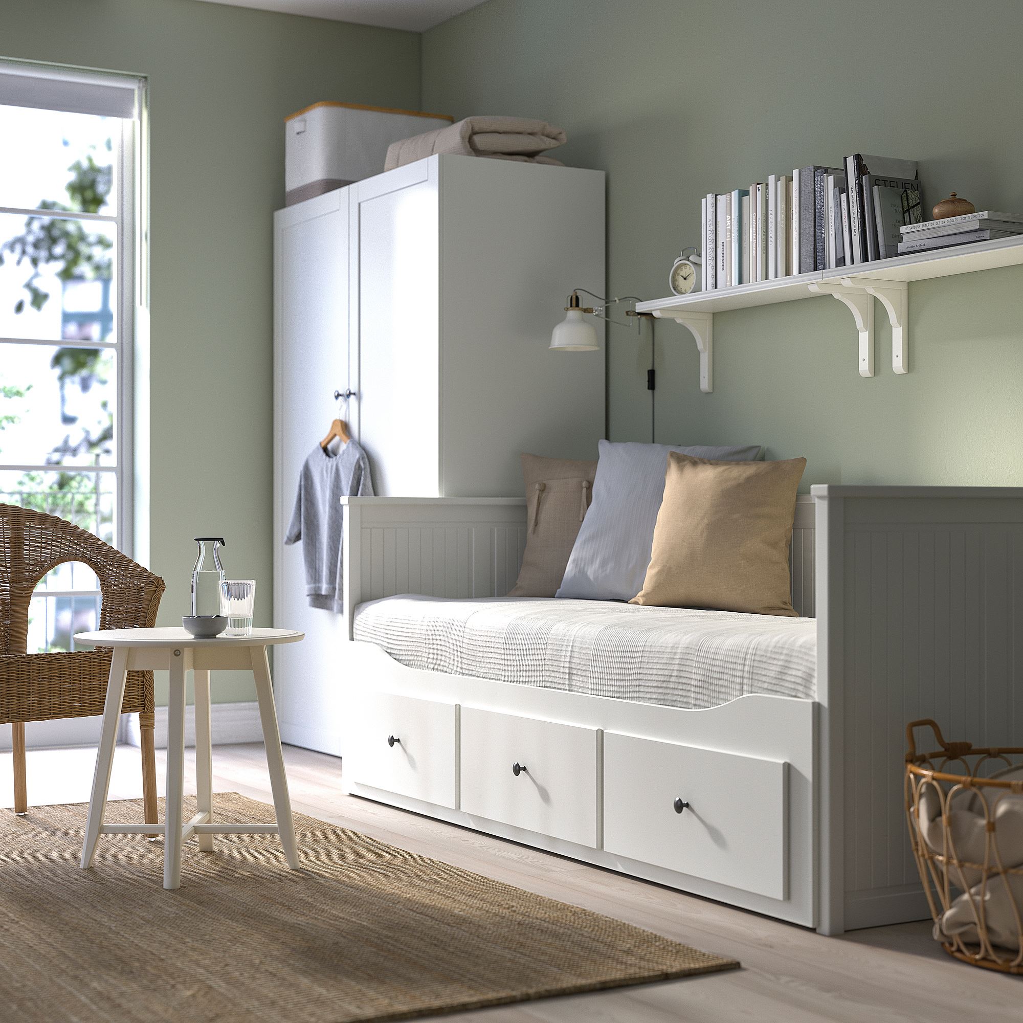 HEMNES/VANNAREID IKEA Каркас кровати-кушетки с 3 ящиками/c 2 матрасами, белый 80x200 см