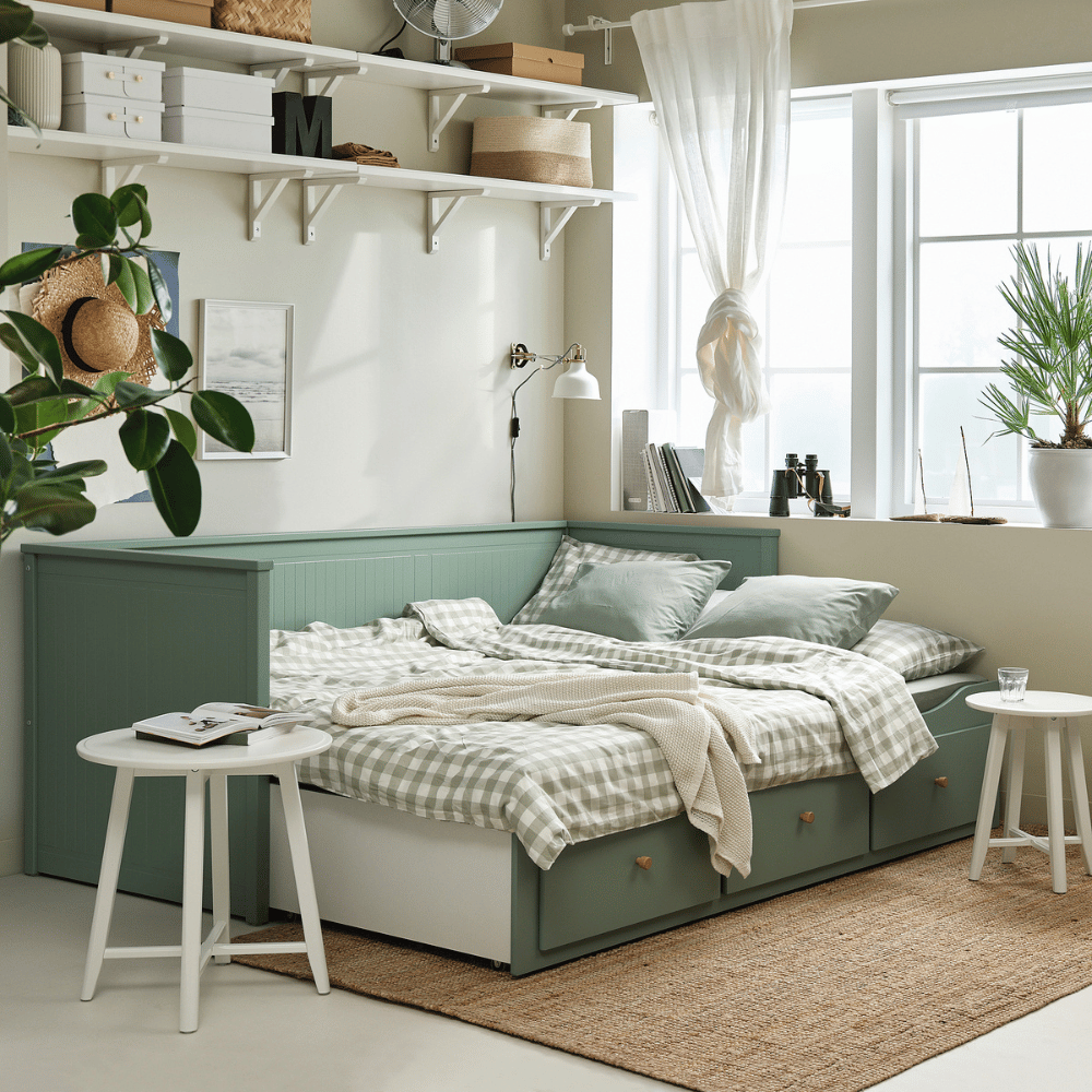 HEMNES IKEA Каркас кровати-кушетки с 3 ящиками, серо-зеленый 80x200 см