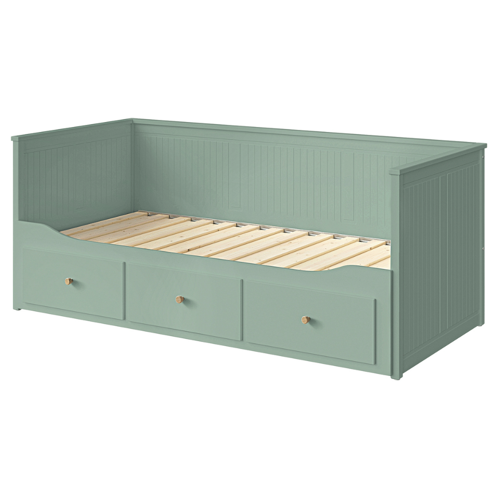 HEMNES IKEA Каркас кровати-кушетки с 3 ящиками, серо-зеленый 80x200 см