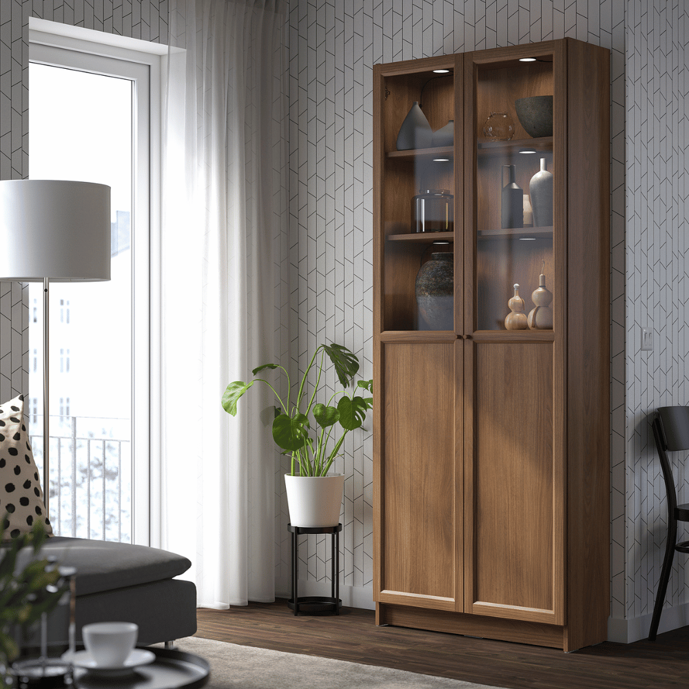 BILLY/OXBERG IKEA Стеллаж/панельные/стеклянные двери, светло - коричневый, 80x30x202 см